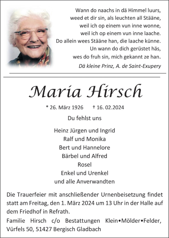 Anzeige von Maria Hirsch von  Bergisches Handelsblatt 