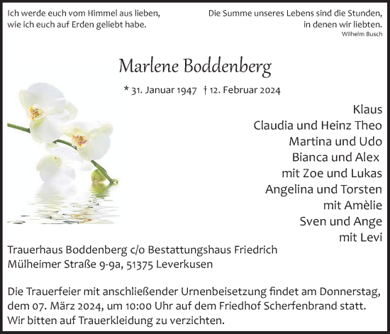 Anzeige von Marlene Boddenberg von Kölner Stadt-Anzeiger / Kölnische Rundschau / Express