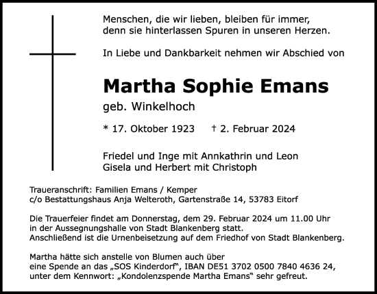 Anzeige von Martha Sophie Emans von Kölner Stadt-Anzeiger / Kölnische Rundschau / Express