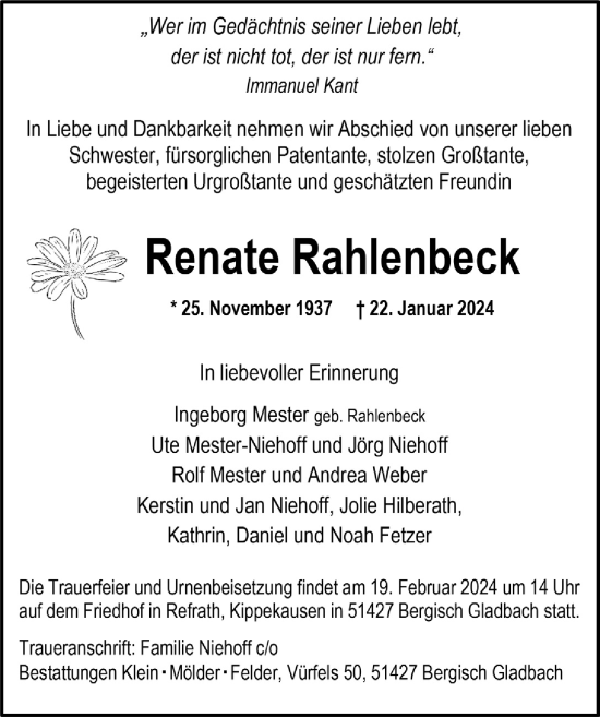Anzeige von Renate Rahlenbeck von  Bergisches Handelsblatt 