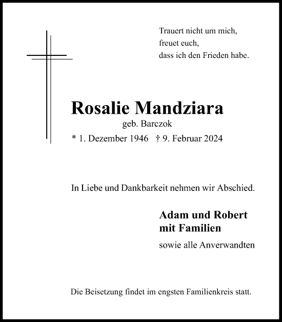 Anzeige von Rosalie Mandziara von Kölner Stadt-Anzeiger / Kölnische Rundschau / Express