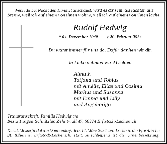 Anzeige von Rudolf Hedwig von  Werbepost 