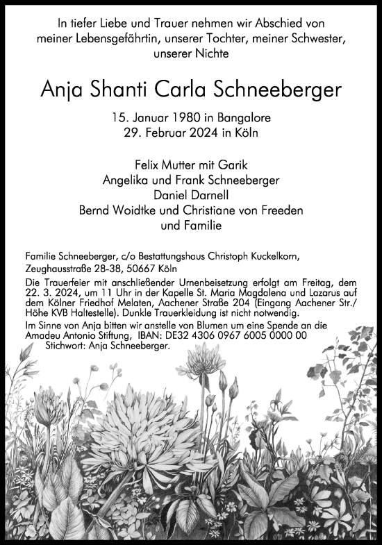 Anzeige von Anja Shanti Carla Schneeberger von Kölner Stadt-Anzeiger / Kölnische Rundschau / Express