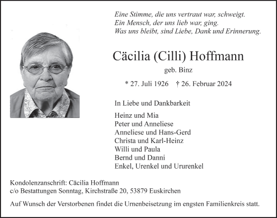 Anzeige von Cäcilia Hoffmann von  Blickpunkt Euskirchen 