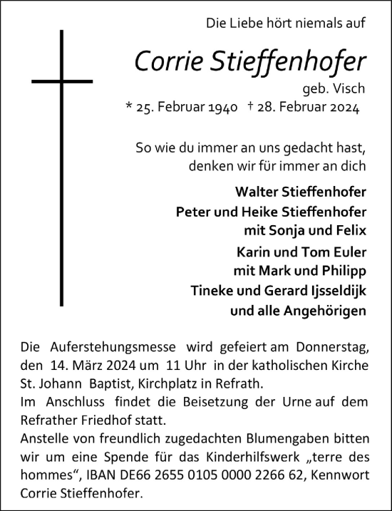 Anzeige von Corrie Stieffenhofer von  Bergisches Handelsblatt 