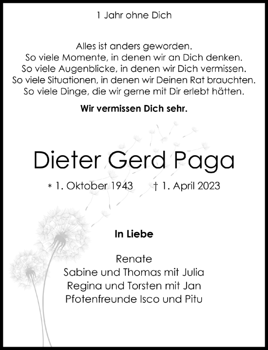 Anzeige von Dieter Gerd Paga von  Bergisches Handelsblatt 