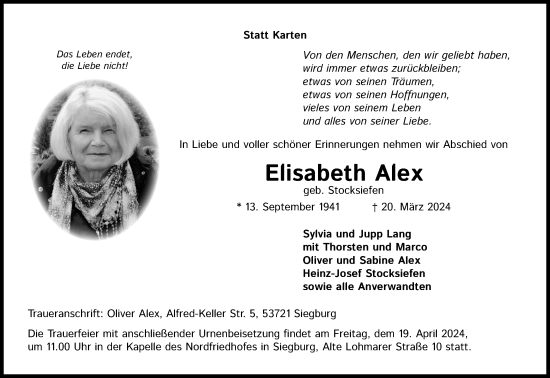 Anzeige von Elisabeth Alex von Kölner Stadt-Anzeiger / Kölnische Rundschau / Express