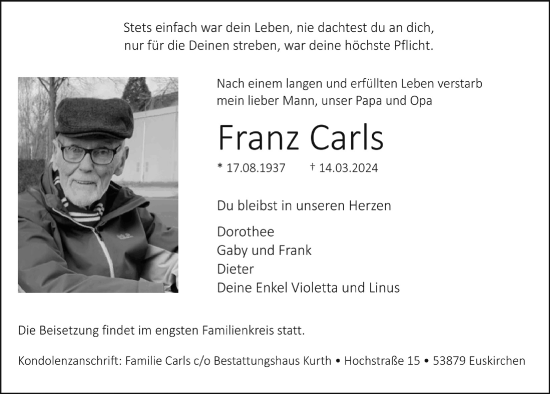 Anzeige von Franz Carls von  Blickpunkt Euskirchen 