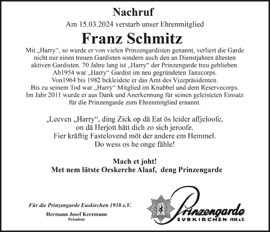 Anzeige von Franz Schmitz von  Blickpunkt Euskirchen 