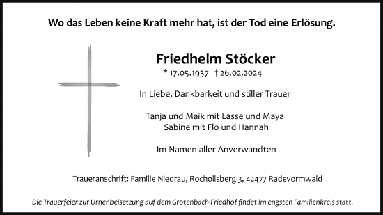 Anzeige von Friedhelm Stöcker von Kölner Stadt-Anzeiger / Kölnische Rundschau / Express
