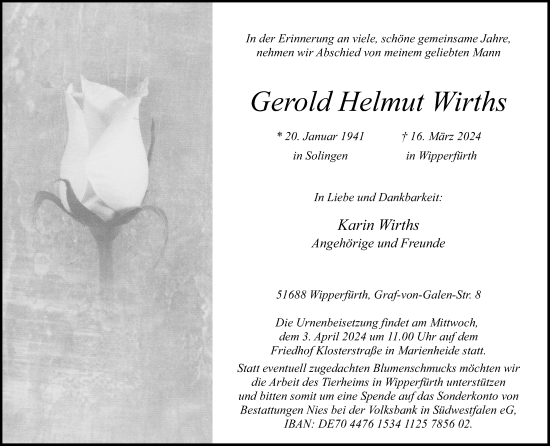 Anzeige von Gerold Helmut Wirths von Kölner Stadt-Anzeiger / Kölnische Rundschau / Express