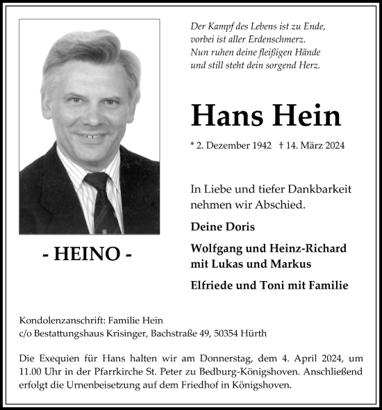 Anzeige von Hans Hein von  Werbepost 