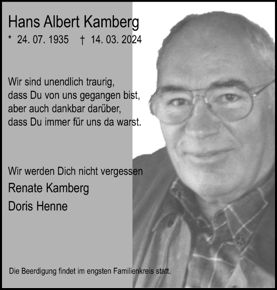 Anzeige von Hans Albert Kamberg von Kölner Stadt-Anzeiger / Kölnische Rundschau / Express