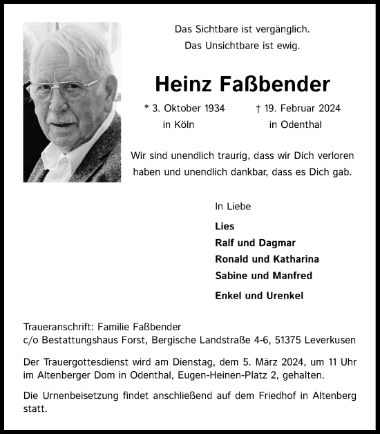 Anzeige von Heinz Faßbender von Kölner Stadt-Anzeiger / Kölnische Rundschau / Express