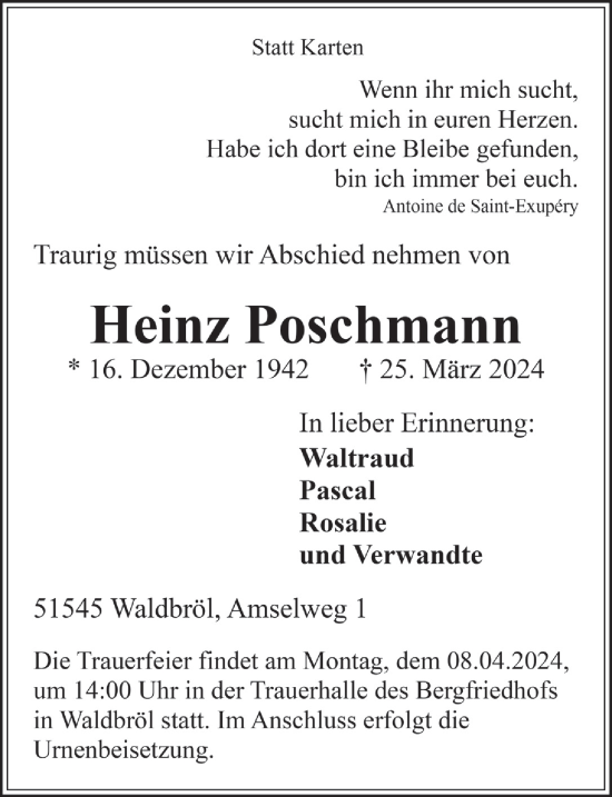 Anzeige von Heinz Poschmann von  Lokalanzeiger 