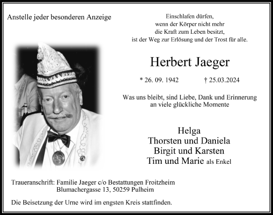 Anzeige von Herbert Jaeger von  Wochenende 