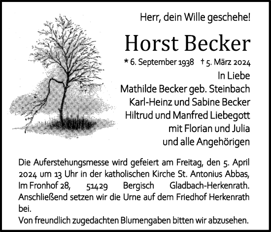 Anzeige von Horst Becker von Kölner Stadt-Anzeiger / Kölnische Rundschau / Express