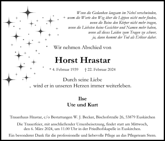 Anzeige von Horst Hrastar von  Blickpunkt Euskirchen 