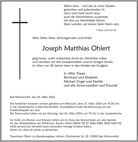 Anzeige von Joseph Matthias Ohlert von Kölner Stadt-Anzeiger / Kölnische Rundschau / Express