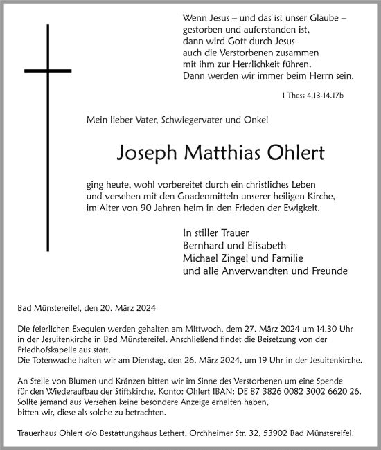 Anzeige von Joseph Matthias Ohlert von  Blickpunkt Euskirchen 