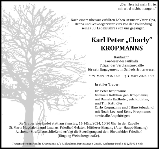 Anzeige von Karl Peter Kropmanns von Kölner Stadt-Anzeiger / Kölnische Rundschau / Express