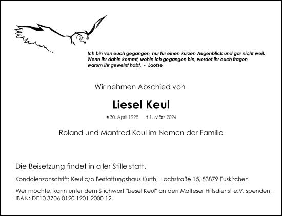 Anzeige von Liesel Keul von  Blickpunkt Euskirchen 