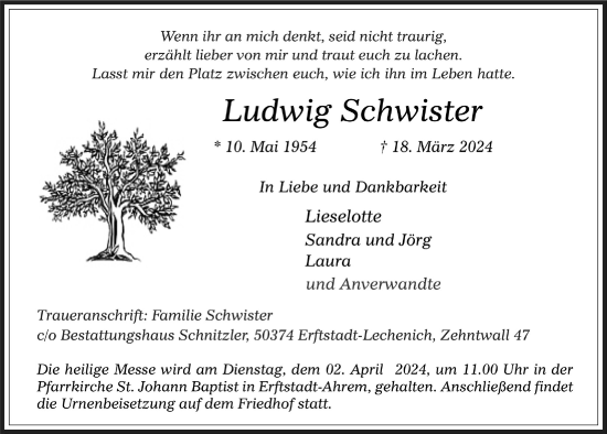 Anzeige von Ludwig Schwister von  Werbepost 