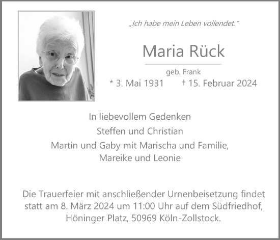 Anzeige von Maria Rück von Kölner Stadt-Anzeiger / Kölnische Rundschau / Express