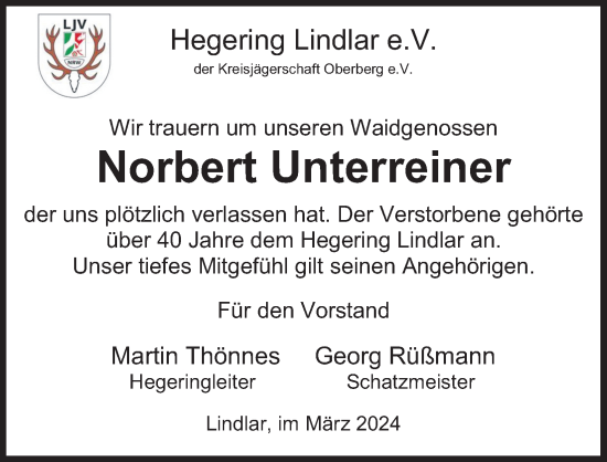 Anzeige von Norbert Unterreiner von Kölner Stadt-Anzeiger / Kölnische Rundschau / Express