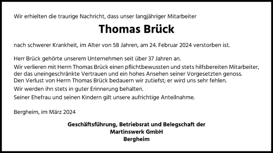 Anzeige von Thomas Brück von Kölner Stadt-Anzeiger / Kölnische Rundschau / Express