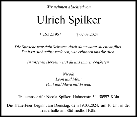 Anzeige von Ulrich Spilker von Kölner Stadt-Anzeiger / Kölnische Rundschau / Express