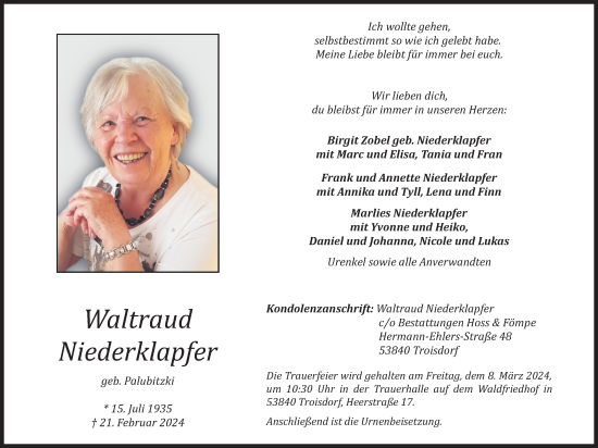 Anzeige von Waltraud Niederklapfer von Kölner Stadt-Anzeiger / Kölnische Rundschau / Express