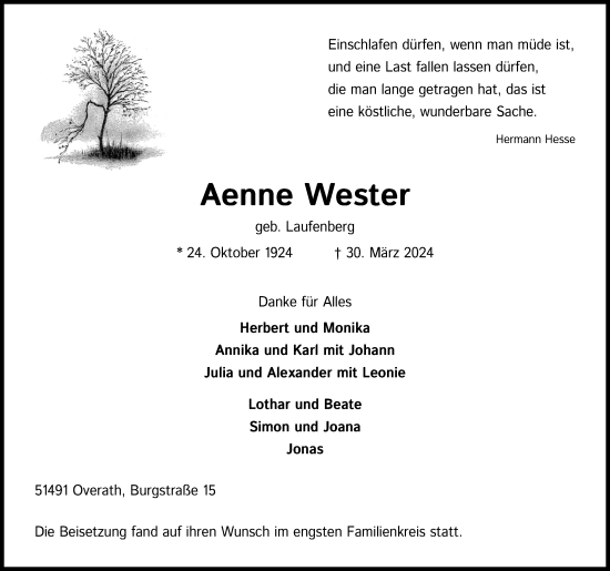 Anzeige von Aenne Wester von Kölner Stadt-Anzeiger / Kölnische Rundschau / Express