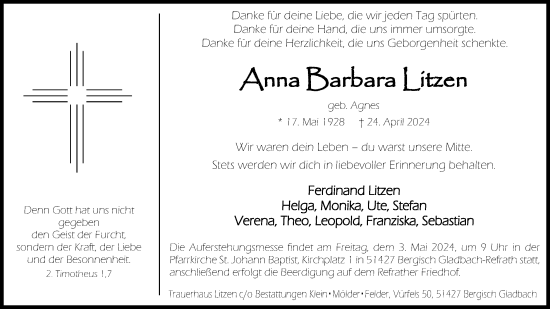 Anzeige von Anna Barbara Litzen von Kölner Stadt-Anzeiger / Kölnische Rundschau / Express