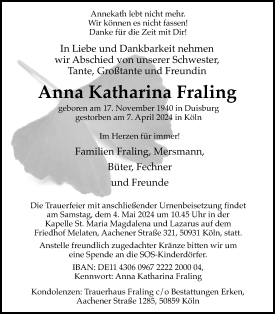 Anzeige von Anna Katharina Fraling von Kölner Stadt-Anzeiger / Kölnische Rundschau / Express