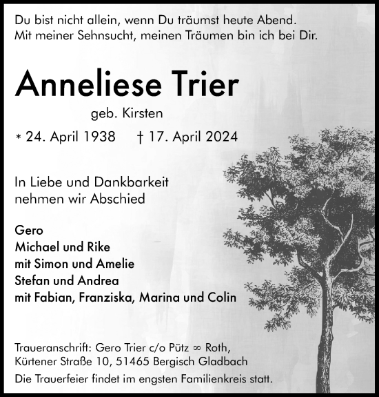 Anzeige von Anneliese Trier von Kölner Stadt-Anzeiger / Kölnische Rundschau / Express