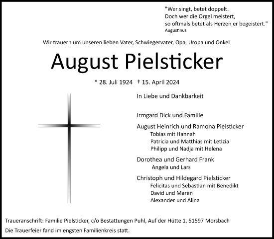 Anzeige von August Pielsticker von Kölner Stadt-Anzeiger / Kölnische Rundschau / Express