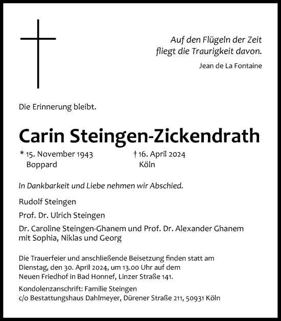 Anzeige von Carin Steingen-Zickendrath von Kölner Stadt-Anzeiger / Kölnische Rundschau / Express