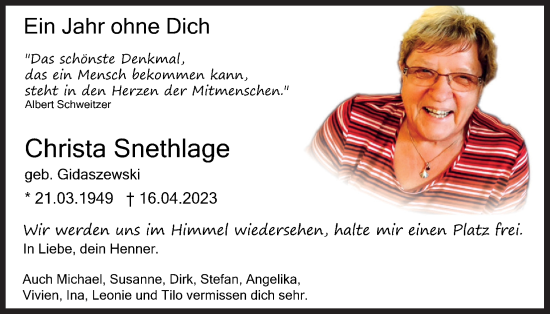Anzeige von Christa Snethlage von Kölner Stadt-Anzeiger / Kölnische Rundschau / Express