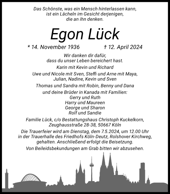 Anzeige von Egon Lück von Kölner Stadt-Anzeiger / Kölnische Rundschau / Express