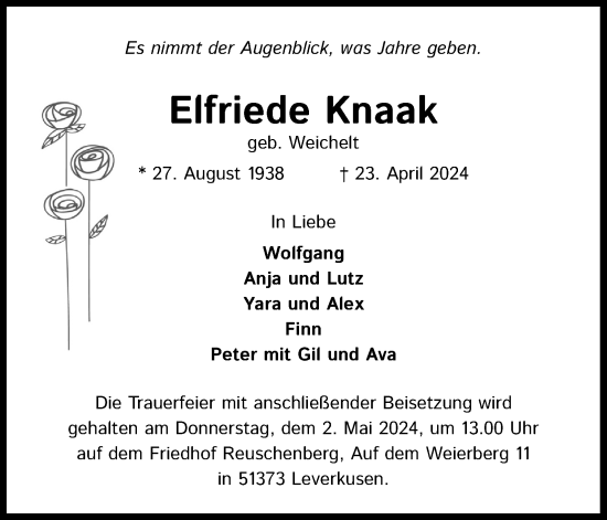 Anzeige von Elfriede Knaak von Kölner Stadt-Anzeiger / Kölnische Rundschau / Express