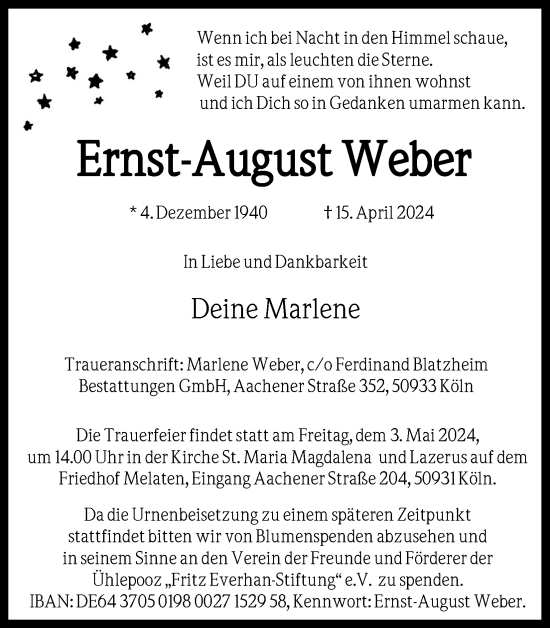 Anzeige von Ernst-August Weber von Kölner Stadt-Anzeiger / Kölnische Rundschau / Express
