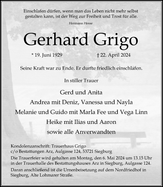 Anzeige von Gerhard Grigo von Kölner Stadt-Anzeiger / Kölnische Rundschau / Express
