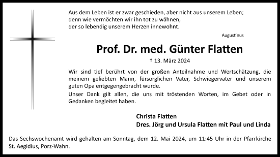 Anzeige von Günter Flatten von Kölner Stadt-Anzeiger / Kölnische Rundschau / Express