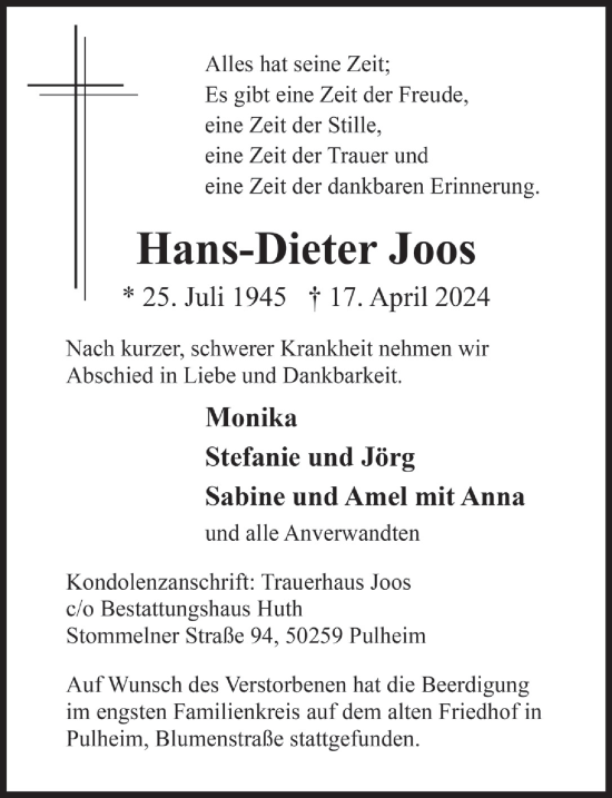 Anzeige von Hans-Dieter Joos von  Wochenende 