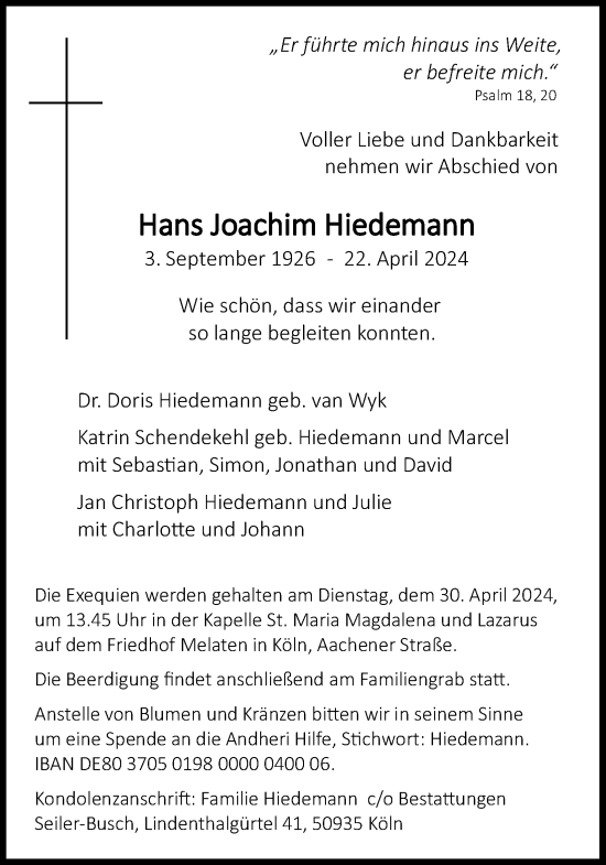 Anzeige von Hans Joachim Hiedemann von Kölner Stadt-Anzeiger / Kölnische Rundschau / Express