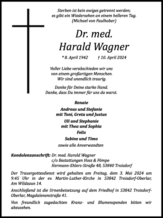 Anzeige von Harald Wagner von Kölner Stadt-Anzeiger / Kölnische Rundschau / Express