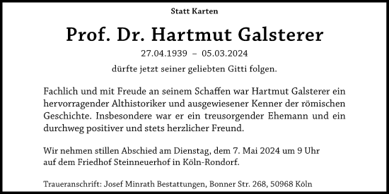 Anzeige von Hartmut Galsterer von Kölner Stadt-Anzeiger / Kölnische Rundschau / Express