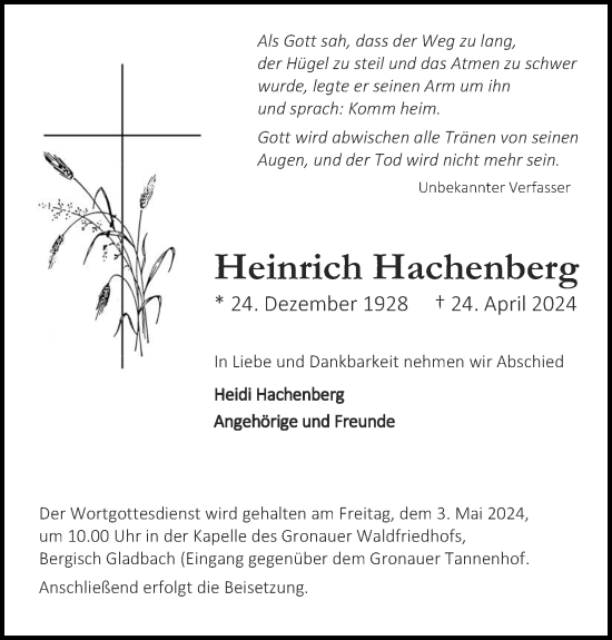 Anzeige von Heinrich Hachenberg von Kölner Stadt-Anzeiger / Kölnische Rundschau / Express