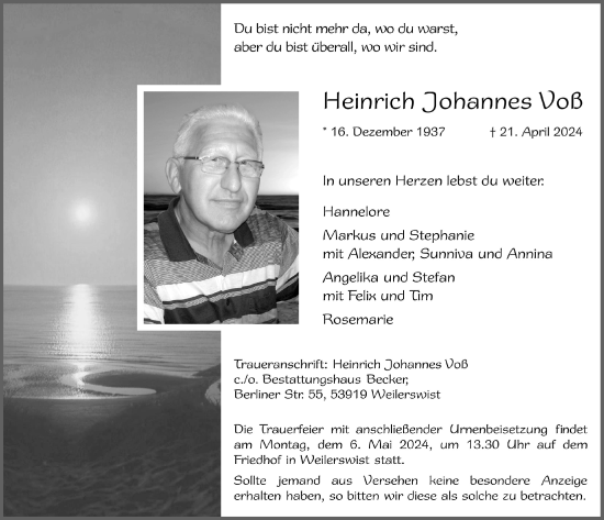 Anzeige von Heinrich Johannes Voß von  Blickpunkt Euskirchen 
